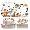 200 Pcs Fall Party Decorations Watercolor Pumpkin Tableware Set, Serves 50