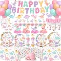 200 Pcs Pink Dinosaur Birthday Decorations (Serves 24), Girl Dinosaur Party Decorations Include Banner Hanging Plates Napkins Cups Forks Knifes Tablecloth Topper Balloons for Party