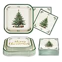 200Pcs Christmas Party Supplies 400GSM Xmas Holly Leaf Tree Plates and Napkins Tableware Sets Merry Christmas Birthday Decorations for Wedding Holiday Festive Xmas Winter Theme Party Decor Serves 50