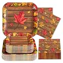 200Pcs Fall Party Decorations Watercolor Autumn Maple Leaves Paper Plates and Napkins Thanksgiving Wooden Grain Tableware Sets for Holiday Harvest Birthday Wedding Dinner Party Supplies Serves 50