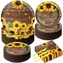 200PCS Sunflower Paper Plates and Napkins Sunflower Birthday Party Decoration Hoedown Party Decorations Supplies with Wood Land Background Bridal Baby Shower Tableware Brown Country Rustic Style