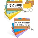 200PCS Tabbed Index Cards with Ring 3x5: Lined Colored Flash Card with Tabs