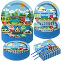 200Pcs Train Party Plates and Napkins Train Birthday Party Supplies Transportation Disposable Paper Decoration for Kids Birthday With Dinner Plates Dessert Plates Napkins Plastic Forks, Serves 50