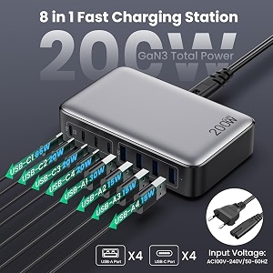 200w usb c charger block 8-port usb c charging station gan iii laptop fast charger adapter for macbook proairneo dell 1pad proairmini 1phone 17161514131211 samsung 4c4a 200w