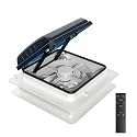 2012 RV Roof Vent Reversible Exhaust Fan 14x14, Ultra Low Sound RV Air Ventilation Ceiling Fan 12V (24V Max) Remote with Rain Sensor (Blue Semi-transparent)