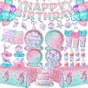 202 Pcs Mermaid Birthday Party Decorations (Serves 24), Mermaid Party Supplies Include Banner Hanging Plates Napkins Cups Forks Knifes Tablecloth Topper Balloons and Sash for Baby Shower