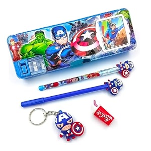 rza plastic 2023 pencil box  5 items  combo 1 pen 1 pencil 1 eraser 1 key chain geometry box avengers mmulticolor