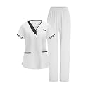 2026 Scrub for Cleaning Jobs Uniform, Multi Pockets Scrubs for Women Sets, V-Neck Top &amp; Straight Leg Pants Scrubs Set