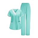 2026 Scrub for Cleaning Jobs Uniform, Multi Pockets Scrubs for Women Sets, V-Neck Top &amp; Straight Leg Pants Scrubs Set