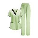 2026 Scrub for Cleaning Jobs Uniform, Multi Pockets Scrubs for Women Sets, V-Neck Top &amp; Straight Leg Pants Scrubs Set