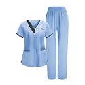 2026 Scrub for Cleaning Jobs Uniform, Multi Pockets Scrubs for Women Sets, V-Neck Top &amp; Straight Leg Pants Scrubs Set