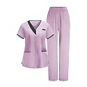 2026 Scrub for Cleaning Jobs Uniform, Multi Pockets Scrubs for Women Sets, V-Neck Top &amp; Straight Leg Pants Scrubs Set