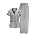 2026 Scrub for Cleaning Jobs Uniform, Multi Pockets Scrubs for Women Sets, V-Neck Top &amp; Straight Leg Pants Scrubs Set