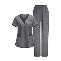 2026 Scrub for Cleaning Jobs Uniform, Multi Pockets Scrubs for Women Sets, V-Neck Top &amp; Straight Leg Pants Scrubs Set