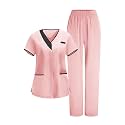 2026 Scrub for Cleaning Jobs Uniform, Multi Pockets Scrubs for Women Sets, V-Neck Top &amp; Straight Leg Pants Scrubs Set
