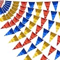 20M/64FT Gold Blue Red Triangle Pennant Banner Flag Metallic Fabric Bunting Garland for Christmas Graduation, Independence Day, 4th of July, Patriotic Themed Party Decoration