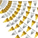 20M/64FT Gold Silver Triangle Pennant Banner Flag Metallic Fabric Bunting Garland for Christmas Wall Hanging,Graduation Decorations, New Years Decorations,Father' Da