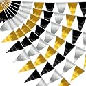 20M/65FT Black Gold Silver Triangle Pennant Banner Flag Metallic Fabric Bunting Garland for Christmas Wall Hanging,Graduation Decorations, New Years Decorations,Father' Da