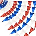 20M/65FT White Blue Red Triangle Pennant Banner Flag Metallic Fabric Bunting Garland for Christmas Graduation, Independence Day, 4th of july, Patriotic Themed Party Decoration