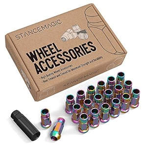 20pc extended tuner race lug nuts - 12x125 thread size - open end - cone conical taper acorn seat 60 degree - 234 length - neochrome neochro neo-chrome 