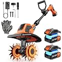 20V Cordlees Tiller Cultivator for Gardening, 400RPM Brushless Electric Garden Tiller Battery Powered((2*3.0Ah Battery&Charger), 9.5"Width 7"Depth, Garden Rototiller for Yard/Lawn/Soil Tiller (Orange)