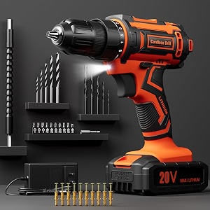 20v cordless drill set with 20ah battery and charger 38-inch keyless chuck 251 torque 42pcs accessories for diy projects orange