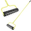 21" Rolling Lawn Aerator, 45 Preassembled Spikes, Only Needs 3-5 Minutes to Assemble, No Looseness, Good Package, 75" Long Handle with Quick Clip Connections, U-Shape Construction - Yellow.