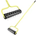 21" Rolling Lawn Aerator, 45 Preassembled Spikes, Only Needs 3-5 Minutes to Assemble, No Looseness, Good Package, 75" Long Handle with Quick Clip Connections, U-Shape Construction - Yellow.