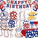 210 Pcs Baseball Party Paper Plates Tableware Set (Serves 24), Baseball Birthday Party Decorations Include Banner Plates Napkins Cups Forks Knifes Tablecloth Topper Balloons Food Trays For Party