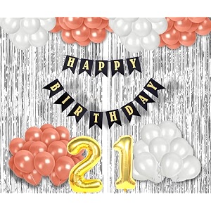 21st birthday decoration items for girls with rose gold and white balloons black happy birthday banner silver foil curtain foil balloon number 21