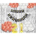 21st Birthday Decoration items for Girls with Rose Gold and White Balloons, Black Happy Birthday Banner, Silver Foil Curtain, Foil Balloon number 21