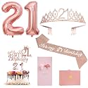 21st Birthday Decorations for Her, Rose Gold Sash and Tiara Crown Gift Set with Number Balloons, Candles, Cake Topper, Card and Gift Box