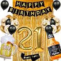 21st Birthday Decorations for Him Her, Black and Gold 21 Birthday Decorations with Happy Birthday Banner,Fringe Curtain,Confetti and Latex Balloons