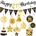 21st Birthday Decorations Men Set - Happy 21 Birthday Banner Triangle Flag Hanging Swirls Streamers for Women Men Party Decorations Supplies, Black and Gold
