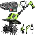 21V Cordless Tiller Cultivator with 8.0Ah Battery(2×4.0Ah)+Charger, 360RPM, 9" Width & 8.6" Depth SK5 Steel Blade, 3-Stage Adjustable Height, Self-Propelled for Garden, Raised Beds & Lawns