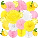 22pcs Summer Lemon Party Decorations - Yellow Pink Hanging Paper Fans, Pom Poms, Lanterns for Lemonade Stand for Birthday, Italian Home Backyard Indoor Outdoor Decor