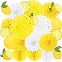 22pcs Summer Lemon Party Decorations - Yellow Hanging Paper Fans, Pom Poms, Lanterns for Lemonade Stand for Birthday, Italian Home Backyard Indoor Outdoor Decor