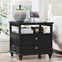 Joaxswe 24" Wide Farmhouse Night Stand,Large End Table with 2 Drawers &amp; Metal Handle,Wood Dresser for Bedroom, Black Bed Side Table Chest of Drawers Cabinet,Nightstand for Living Room,Closet