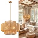 24'' Boho Rattan Chandelier, 4-Light Hand-Woven Wicker Pendant Lamp, Rustic Modern Ceiling Light Fixture for Dining Room, Kitchen Island, Living Room, Bedroom, Foyer, Entryway, Over Table