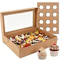 24 Count Corrugated Cupcake Boxes, 8 Pack White Cupcake Containers with Windows, Disposable Cupcake Carriers for Muffins, Treats, Pastries, 19 x 14 x 3.9 Inches (Brown, 24Count /8Pcs)