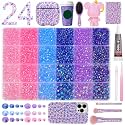 24 Grids Rhinestones Bedazzling Kit, Pink Purple Blue Flatback Resin Gems