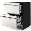 Mojgar 24” Under Counter Double Drawer Fridge, Indoor &amp; Outdoor Beverage Refrigerator for Home &amp; Commercial Use, Weather Proof Stainless Steel, Built-in Silver Double Drawer Door (Foam Door) 98 Cans