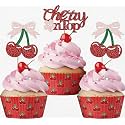 24 Pcs Cherry Cupcake Topper Glitter Pink Cherry Birthday Decorations