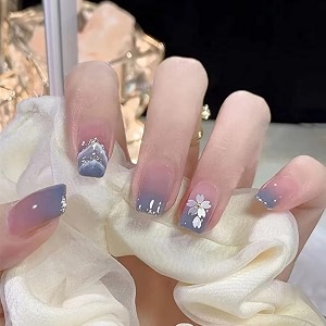 24 pcs press on nails stick on nails for women girls fake reusable jelly glue kit extension french purple