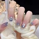 24 PCS Press On Nails Stick On Nails for Women Girls Fake Reusable Jelly Glue Kit Extension French (Purple)