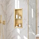 24 x 12 Inch Stainless Steel Shower Niche, No Tile Needed Wall Niche with Double Shelves, Recessed Wall Niche Insert for Bathroom Shower Kitchen Storage, Brush Gold