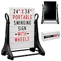 24 x 36 Inch Rolling Swinging Changeable Message Sidewalk Sign, Black, Plastic Storefront Display Sign, Outdoor Business Advertising Board