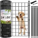 24in(H) x 50ft(L) Black PVC Coated Welded Wire Fence Roll Wire Mesh Fence Kit with 7 Ground Stakes 29 Zip Ties No Dig Temporary Fence for Garden Chicken Rabbit Barrier Plant Trellis Flower Bed Border