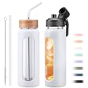 24oz Glass Water Bottle with Straw and 2 Lids, White
