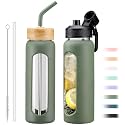 24oz Glass Water Bottle with Straw and 2 Lids, Olive